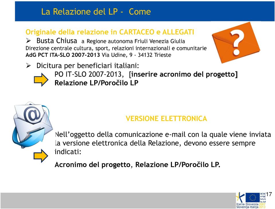 italiani: PO IT-SLO 2007-2013, [inserire acronimo del progetto] Relazione LP/Poročilo LP VERSIONE ELETTRONICA Nell oggetto della comunicazione