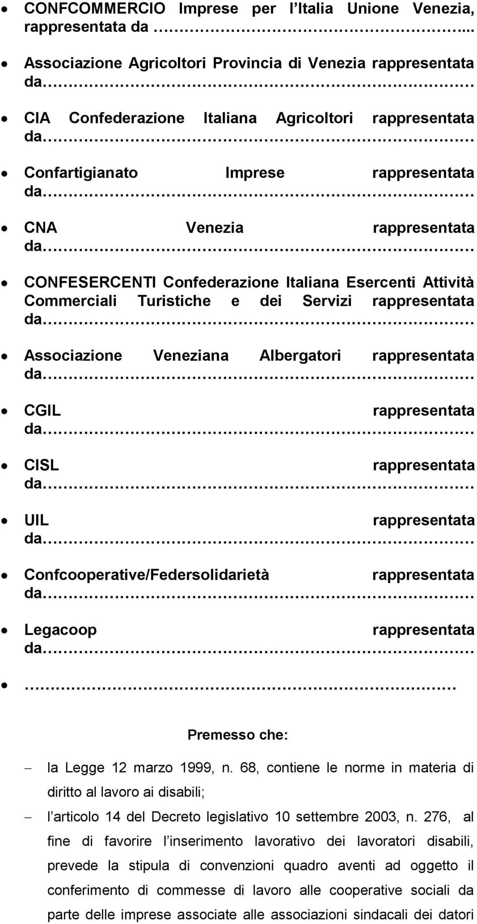 Confederazione Italiana Esercenti Attività Commerciali Turistiche e dei Servizi rappresentata Associazione Veneziana Albergatori rappresentata CGIL rappresentata CISL rappresentata UIL rappresentata