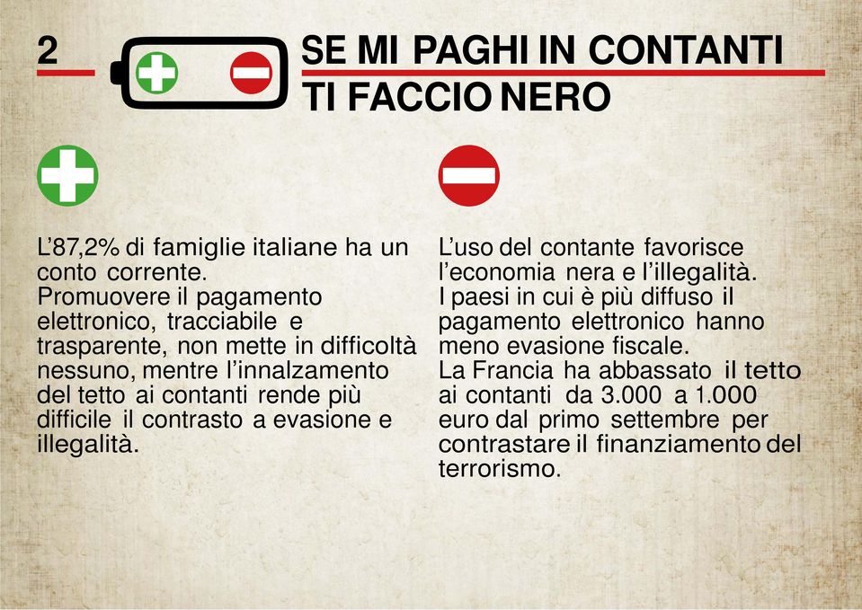 rende più difficile il contrasto a evasione e illegalità. L uso del contante favorisce l economia nera e l illegalità.