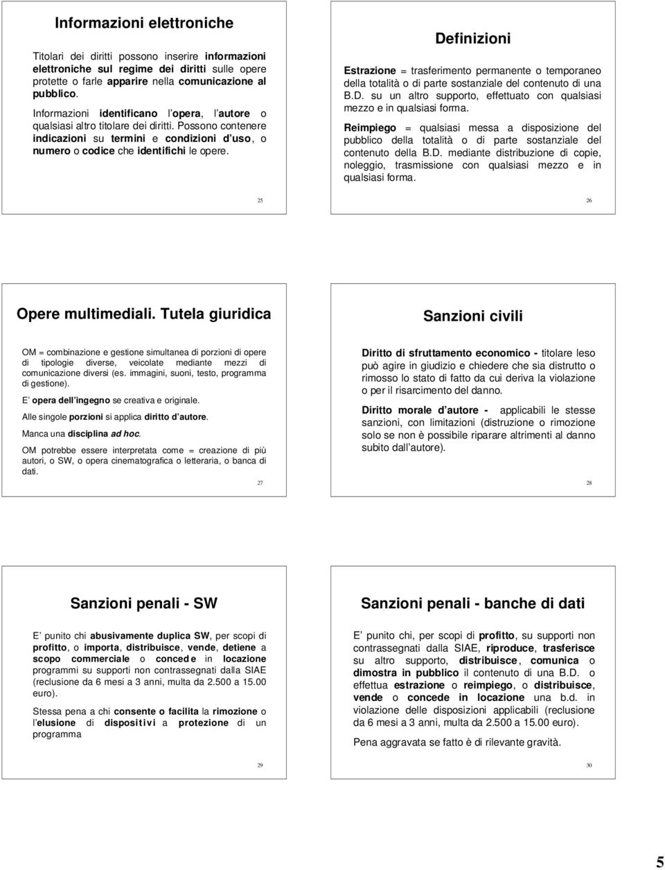 Definizioni Estrazione = trasferimento permanente o temporaneo della totalità o di parte sostanziale del contenuto di una B.D. su un altro supporto, effettuato con qualsiasi mezzo e in qualsiasi forma.