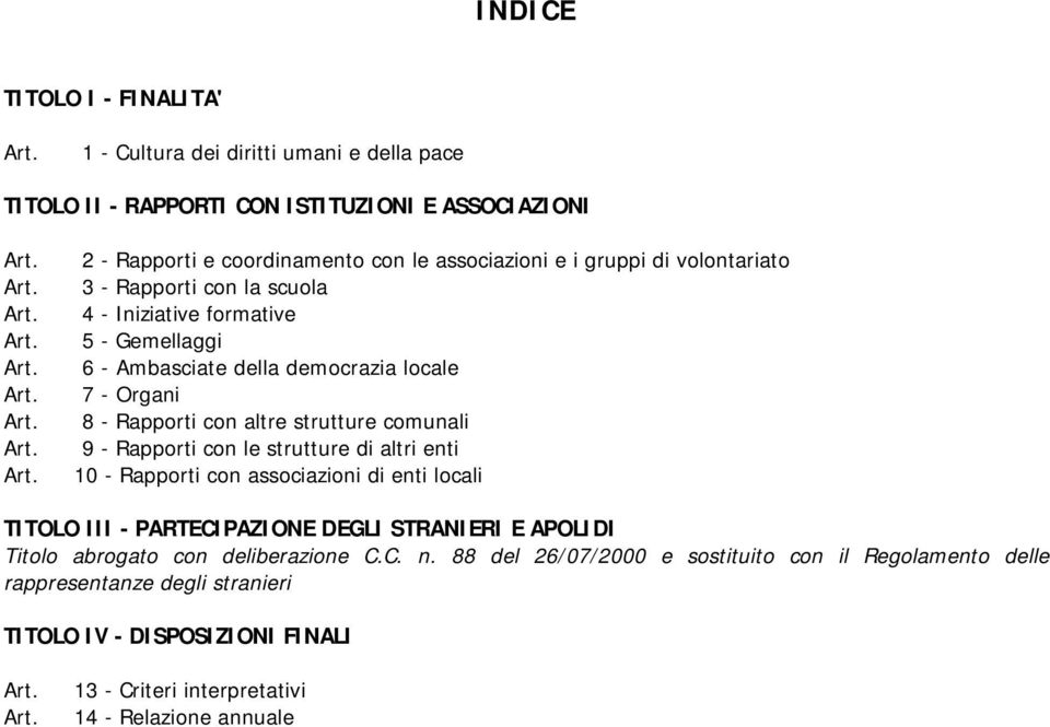 comunali 9 - Rapporti con le strutture di altri enti 10 - Rapporti con associazioni di enti locali TITOLO III - PARTECIPAZIONE DEGLI STRANIERI E APOLIDI Titolo abrogato con