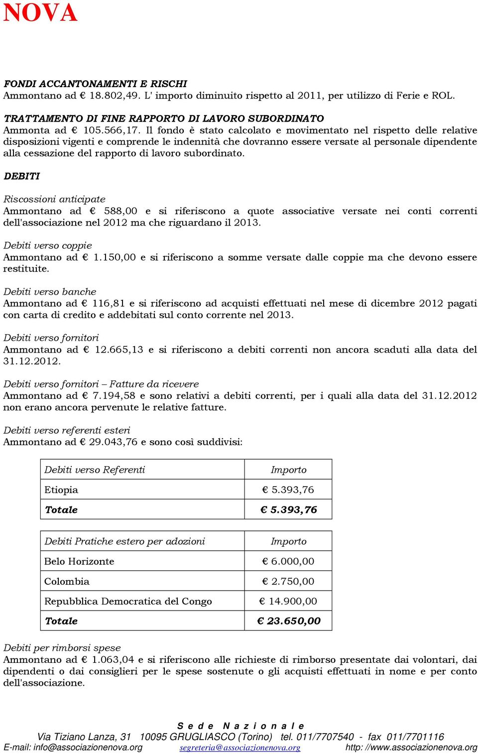 lavoro subordinato. DEBITI Riscossioni anticipate Ammontano ad 588,00 e si riferiscono a quote associative versate nei conti correnti dell'associazione nel 2012 ma che riguardano il 2013.