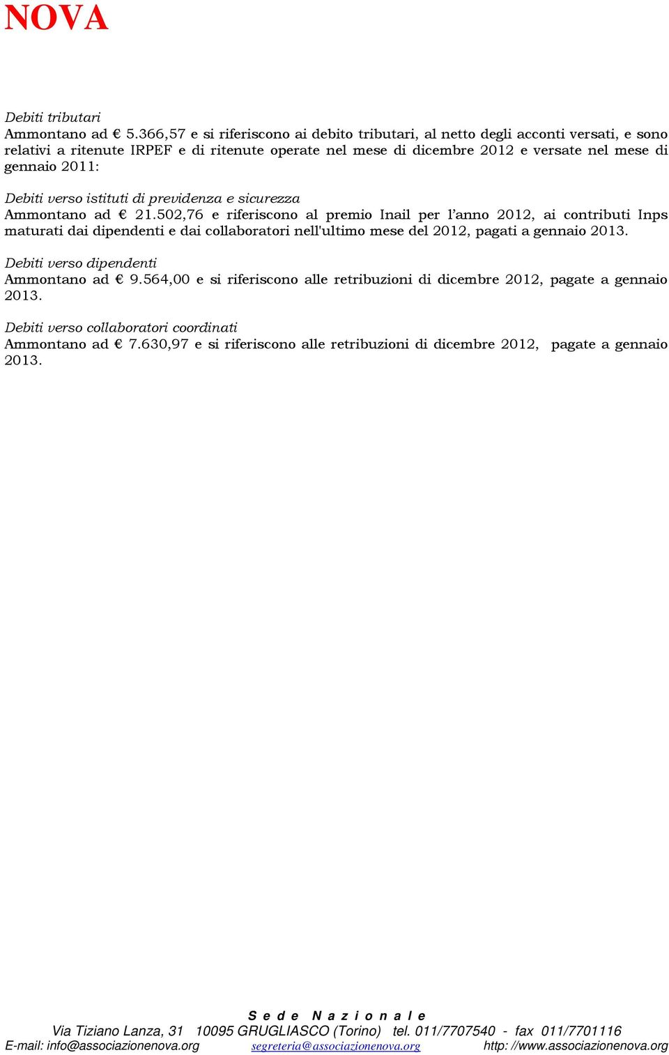 di gennaio 2011: Debiti verso istituti di previdenza e sicurezza Ammontano ad 21.