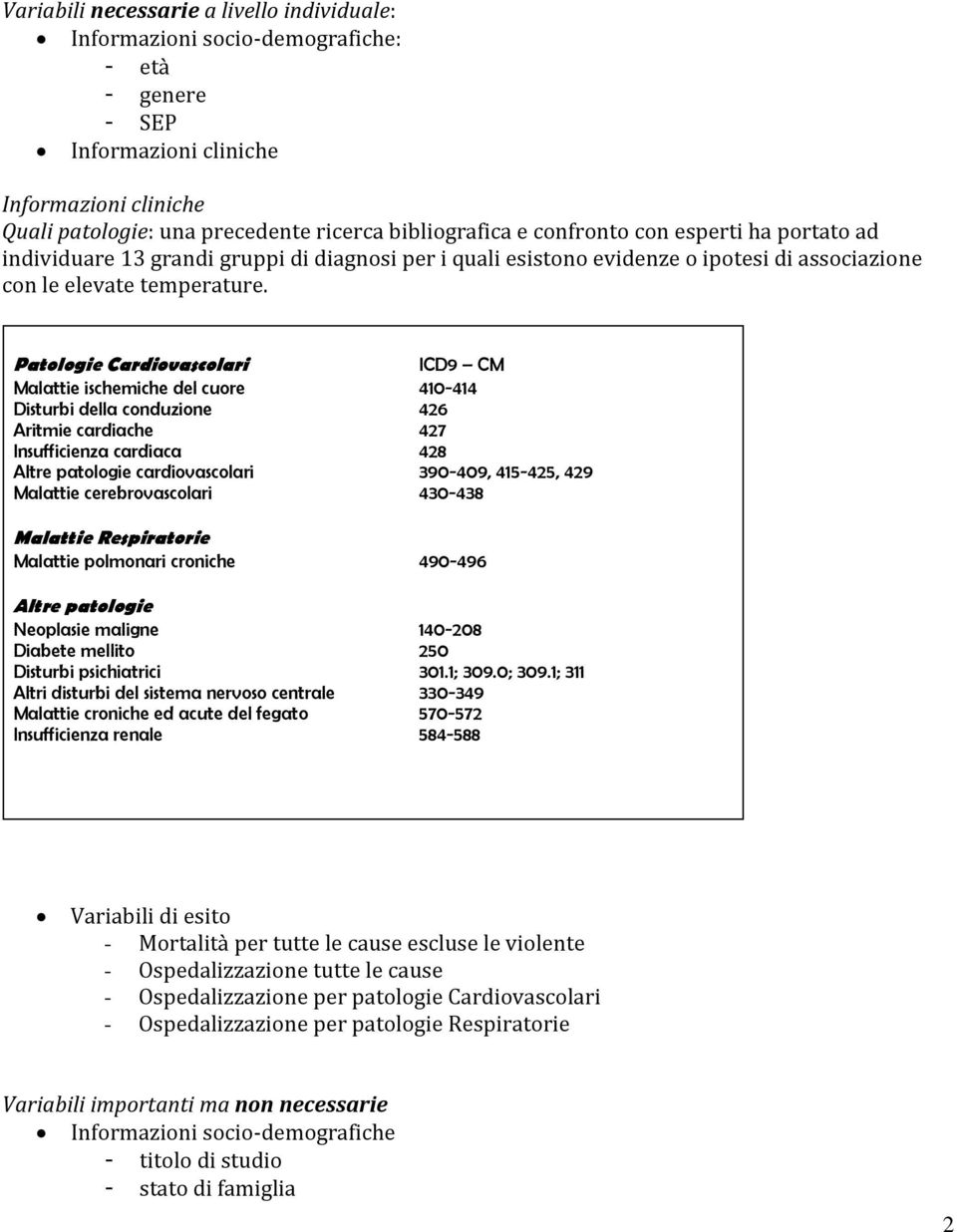 Patologie Cardiovascolari ICD9 CM Malattie ischemiche del cuore 410-414 Disturbi della conduzione 426 Aritmie cardiache 427 Insufficienza cardiaca 428 Altre patologie cardiovascolari 390-409,