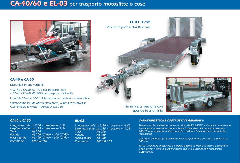 versione con sponde in alluminio CA40 e CA60 Lunghezza utile m 2,50 - massima m 3,59 Larghezza utile m 1,23 - massima m 1,54 Tara Kg 200 Portata Kg 200 (CA40) - 400 (CA60) Massa totale Kg 400 (CA40)