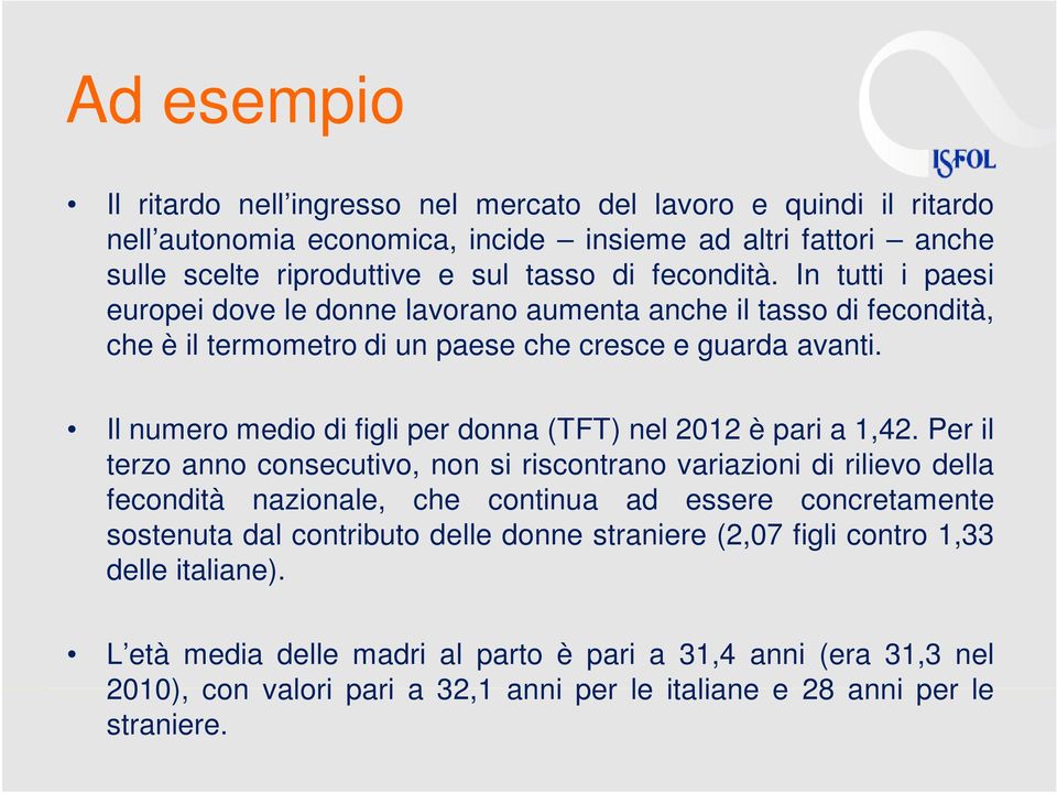 Il numero medio di figli per donna (TFT) nel 2012 è pari a 1,42.