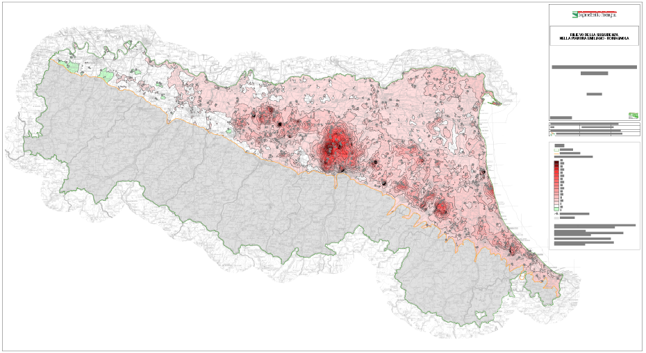 Figura 4 - Distribuzione delle aree con la maggiore velocità di abbassamento (in rosso) nella pianura emilianoromagnola (ARPA, rilevamento 2006-2011) 2.
