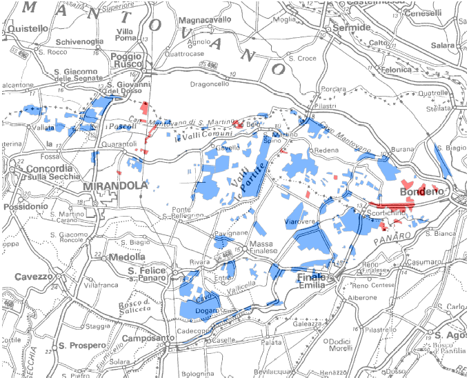 Figura 4 Cartografia delle aree predisposte a condizioni di drenaggio difficoltoso delle acque superficiali, nei settori individuati per i Consorzi di Bonifica di Burana e dell'emilia Centrale.