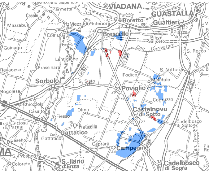 Figura 6 Cartografia delle aree predisposte a condizioni di drenaggio difficoltoso delle acque superficiali, Consorzio di Bonifica dell'emilia Centrale.