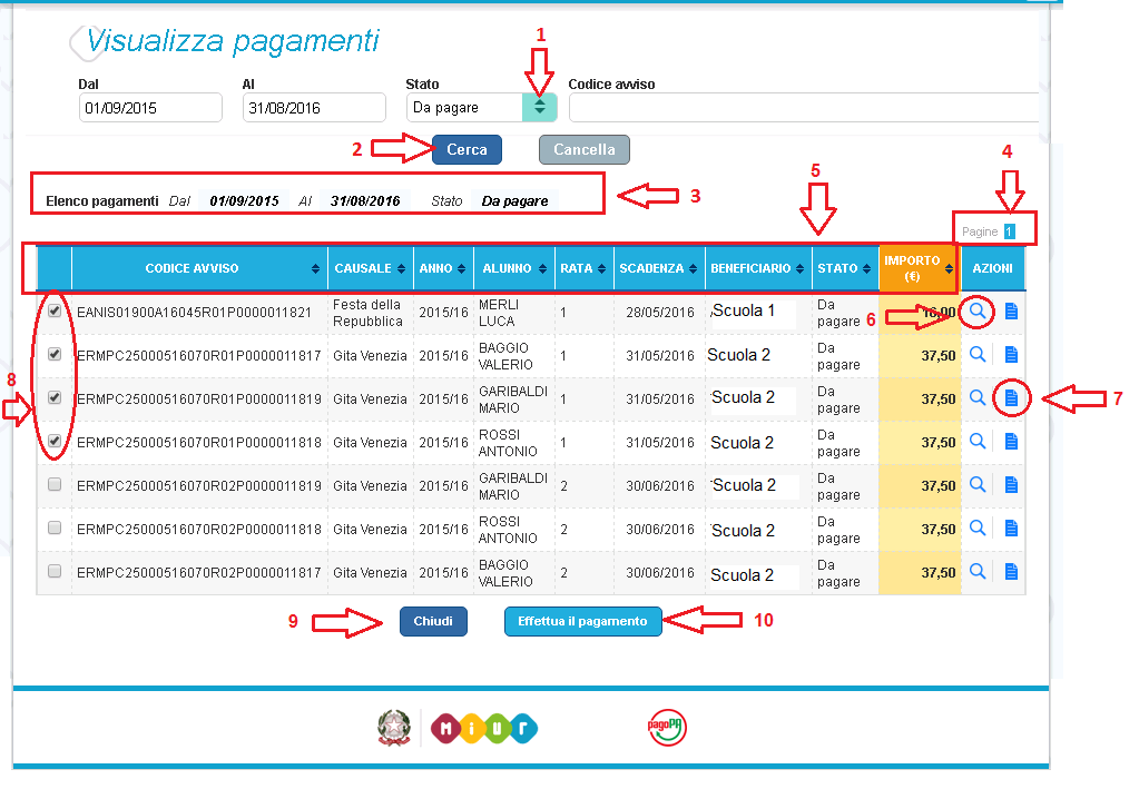 6. Visualizza pagamenti Nella Home Page l utente sceglie Visualizza pagamenti e il sistema PagoInRete apre una pagina che consente di ricercare gli avvisi telematici emessi dalle scuole impostando