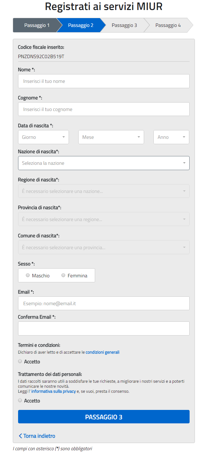 L utente inserisce i propri dati e dichiara di accettare i termini e le