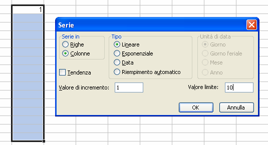 Intervallo Lineare Per generare un intervallo esponenziale selezionare la casella lineare.