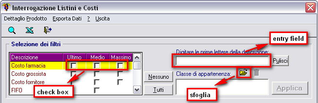 Il programma propone inizialmente la griglia dei risultati vuota, è necessario selezionare dei filtri per identificare i prodotti sui quali la farmacia vuole visualizzare i corrispondenti costi.