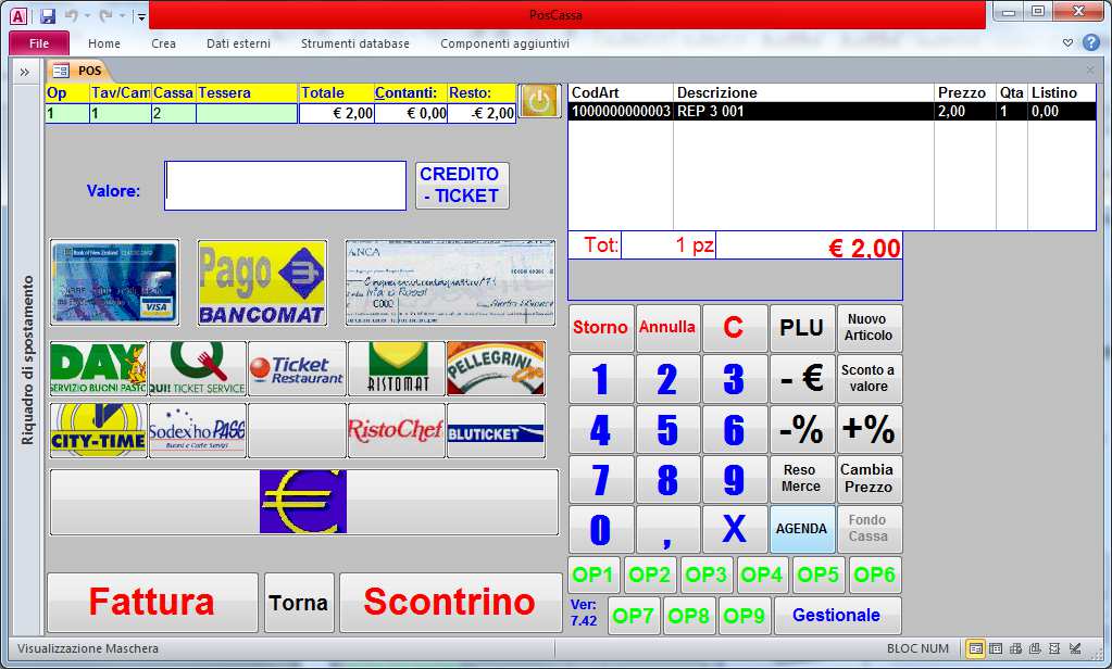 Stampa fattura su foglio A4 Chiusura della vendita A questo punto lo scontrino è fatto il programma visualizza il totale dello scontrino Immettere quindi il valore e il tipo di pagamento che verrà