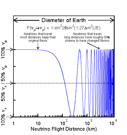 Figura 1.1: Probabilità di oscillazione di un neutrino in funzione della distanza percorsa. Adattato Ref.