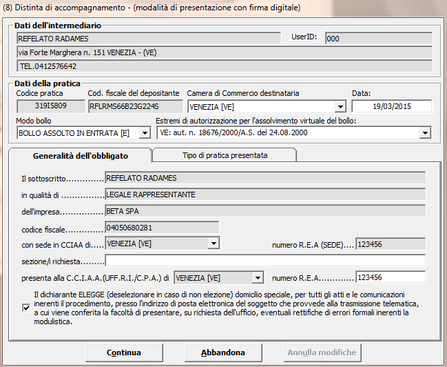 Cliccare sul bottone Continua e rispondere Si o No a seconda che si voglia o meno visualizzare la cartella di salvataggio, verrà creato un file nella cartella C:\PRTELE\DATI\codice della pratica.