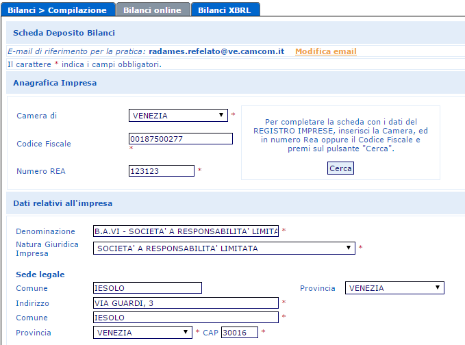 Cliccare su seleziona e la sezione viene completata con i dati registrati nella banca dati del R.I. ATTENZIONE: I campi contrassegnati dall asterisco sono campi obbligatori.