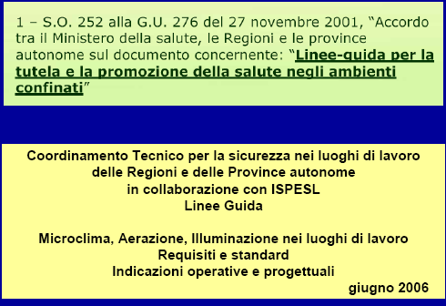 Normativa per l inquinamento indoor L Italia non dispone ancora di una normativa organica e specifica per il controllo della qualità dell aria negli