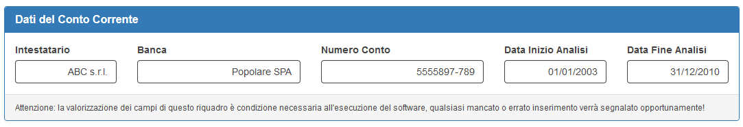 4. RISULTATI RICALCOLO DATI CONTO CORRENTE Inserimento dati trimestrali Il software Ricalcolo Facile Conti Correnti prende in esame i dati sintetici del conto corrente, costituiti dal dettaglio delle