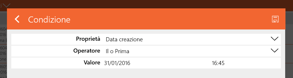 Cliccare sull icona salva, il primo filtro viene già applicato all elenco; allo stesso modo, cliccare di nuovo su Filtro e selezionare Data Creazione : Figura 42 - Impostare filtro "Il giorno o