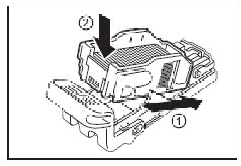 Caricamento dei punti nella pinzatrice automatica Stringendolo ai lati con le dita, rimuovere il contenitore vuoto dalla cartuccia.