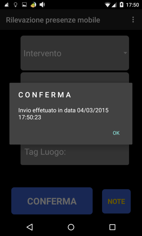 Figura 9 Figura 10 Nel momento in cui il sistema rileva tutti i dati, chiede se registrare o meno la timbratura (Figura 9): se si sceglie si, viene inviato il dato al server che, come risposta, da