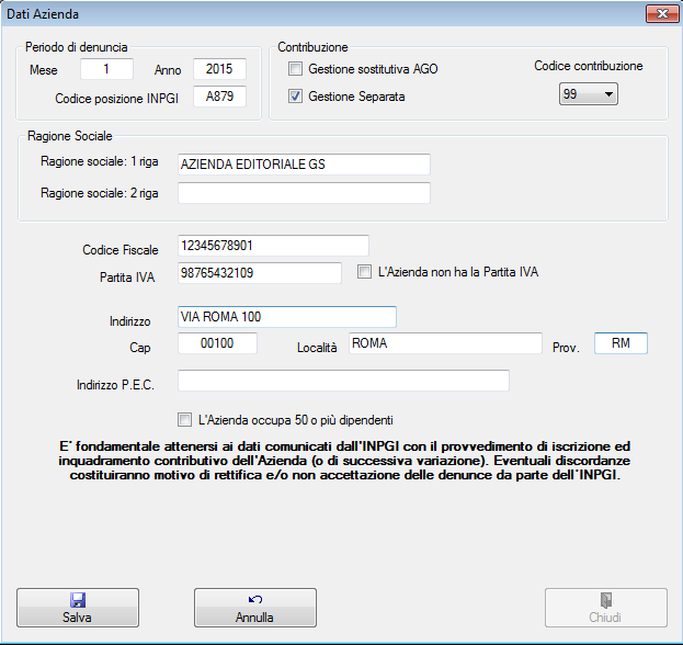 2.1.2 Compilate le informazioni della finestra Dati Azienda con gli stessi dati comunicati dall INPGI in