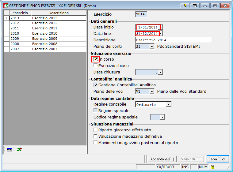 Di seguito sono indicate le operazioni che consentono di iniziare le registrazioni IVA, prima nota, magazzino nel nuovo esercizio.