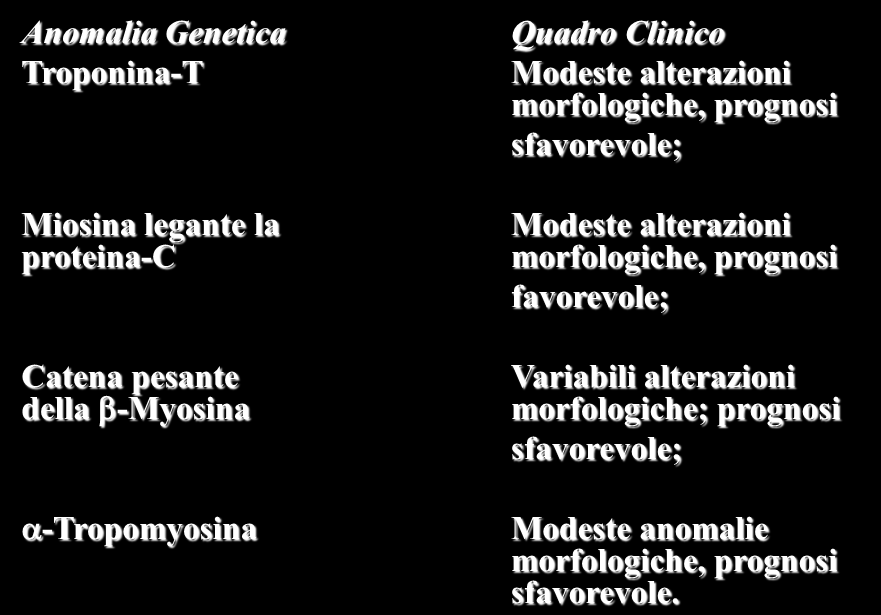 Eterogeneità delle anomalie genetiche nella CMI Anomalia Genetica Troponina-T Quadro Clinico Modeste alterazioni morfologiche, prognosi sfavorevole; Miosina legante la proteina-c Catena pesante della