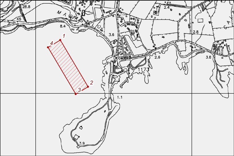 d. Bue Marino (Zona C, Isola di Favignana); 1 N37 54' 57,153" E12 22' 14,414" 2 N37 54' 56,135" E12 22' 19,348" 3 N37 54' 38,383" E12 22' 13,514" 4 N37 54' 39,401" E12 22' 8,580" e.