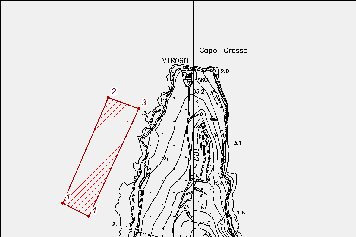 g. Scindo Passo (Zona C, Isola di Favignana); 1 N37 55' 5,702" E12 18' 26,249" 2 N37 55' 8,823" E12 18' 44,460" 3 N37 55' 6,699" E12 18' 45,040" 4 N37 55' 5,708" E12 18' 39,255" 5 N37 54' 59,513" E12