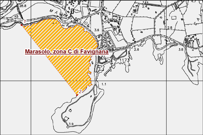 n. Bue Marino, zona C di Favignana; 1 1 N37 54' 59,143" 2 2 N37 54' 57,935" 3 3 N37 54' 43,849" 4 4 N37 54' 45,598" o.