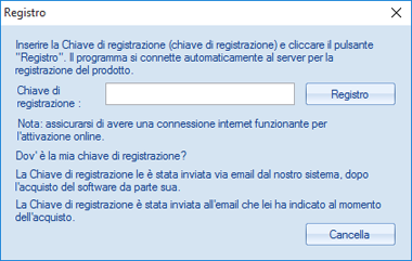 2. Si aprirà una finestra di dialogo per la Registrazione Online. 3. Digita la Chiave di Registrazione (ricevuta tramite email dopo l acquisto del prodotto) nel campo della Chiave di Registrazione.