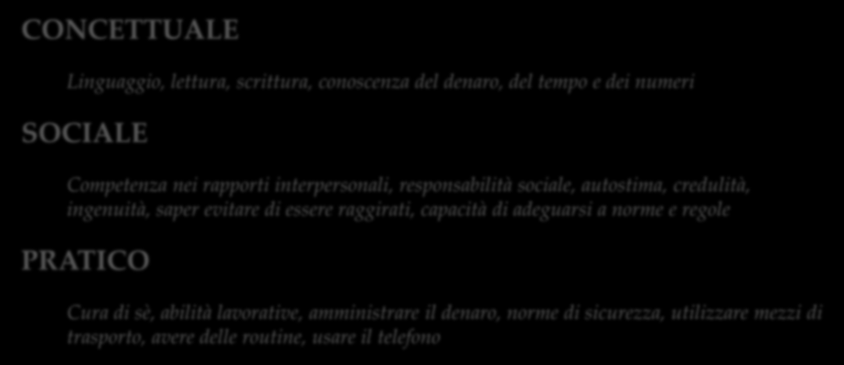 Il Costrutto CONCETTUALE Linguaggio, lettura, scrittura, conoscenza del denaro, del tempo e dei numeri