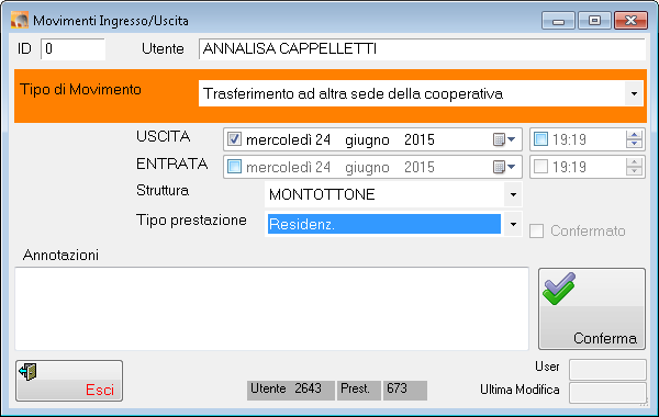 Trasferimento ad un altra comunità della cooperativa Selezionare l utente nel prestazioni e cliccare sul bottone (o tasto destro) «movimenti» 1 Seleziona «Trasferimento» 2 indicare la data e ora di