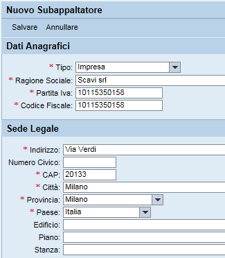 Indicazione attività subappaltabili Cliccare il tasto per inserire i dati anagrafici dei subappaltatori, compilare tutti i dati obbligatori indicati in l asterisco rosso e