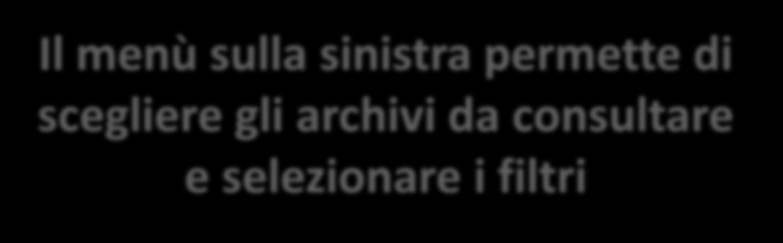 Il menù sulla sinistra permette di scegliere gli archivi da consultare e selezionare i filtri