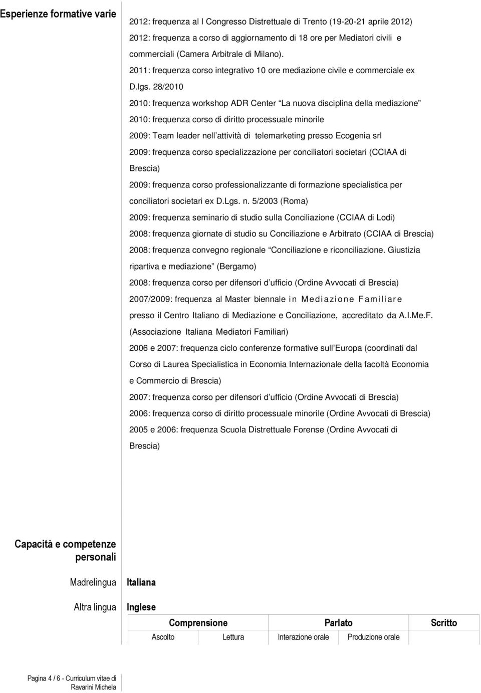 28/2010 2010: frequenza workshop ADR Center La nuova disciplina della mediazione 2010: frequenza corso di diritto processuale minorile 2009: Team leader nell attività di telemarketing presso Ecogenia