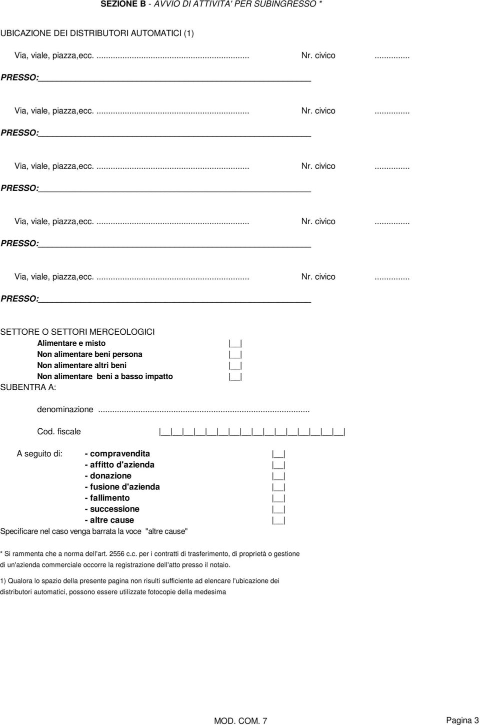 "altre cause" * Si rammenta che a norma dell'art. 2556 c.c. per i contratti di trasferimento, di proprietà o gestione di un'azienda commerciale occorre la registrazione dell'atto presso il notaio.