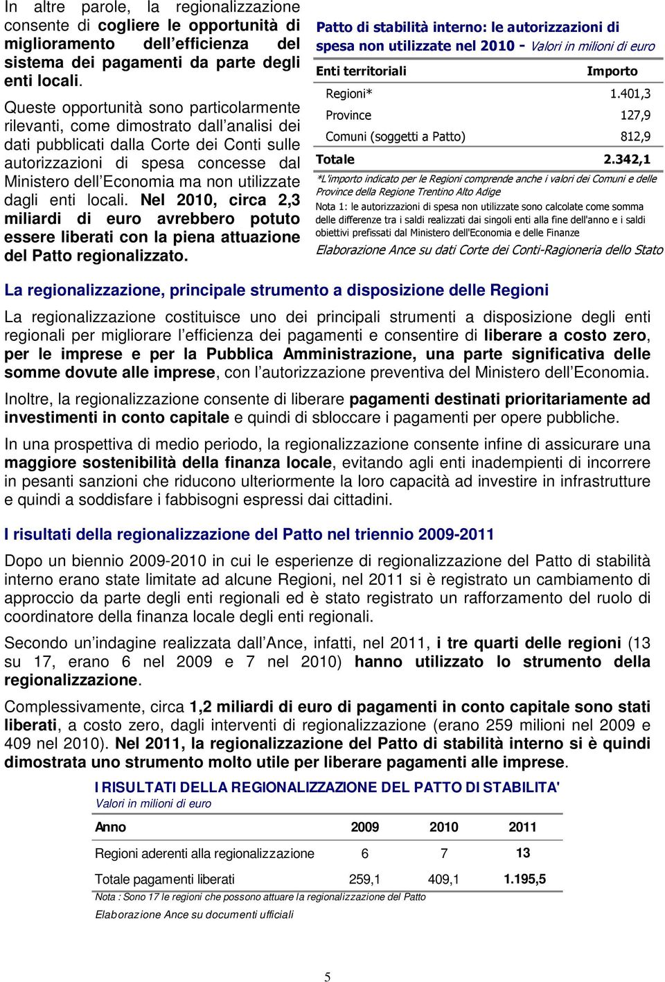 utilizzate dagli enti locali. Nel 2010, circa 2,3 miliardi di euro avrebbero potuto essere liberati con la piena attuazione del Patto regionalizzato.