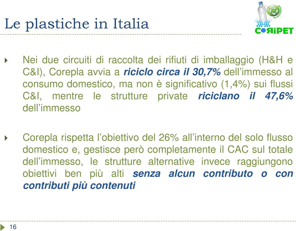 immesso Corepla rispetta l obiettivo del 26% all interno del solo flusso domestico e, gestisce però completamente il CAC sul totale