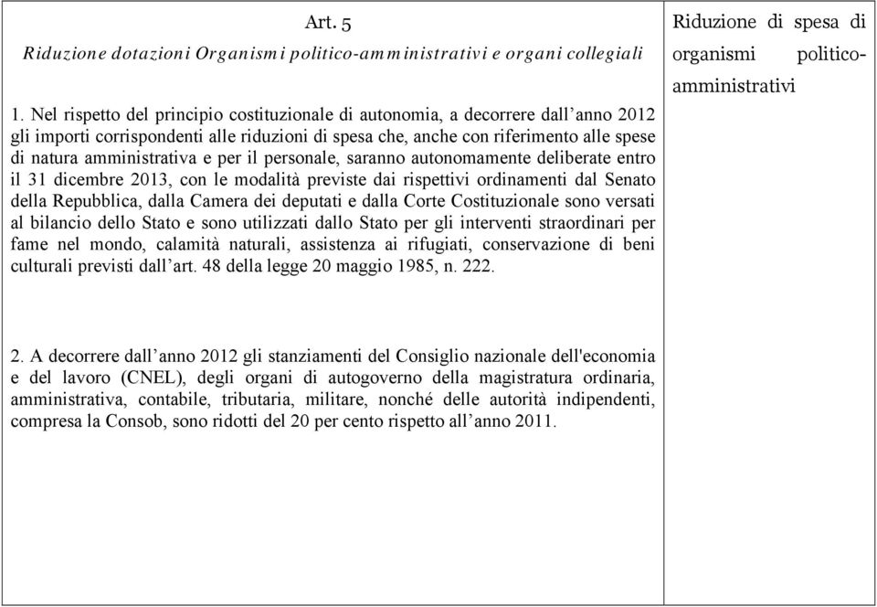 per il personale, saranno autonomamente deliberate entro il 31 dicembre 2013, con le modalità previste dai rispettivi ordinamenti dal Senato della Repubblica, dalla Camera dei deputati e dalla Corte