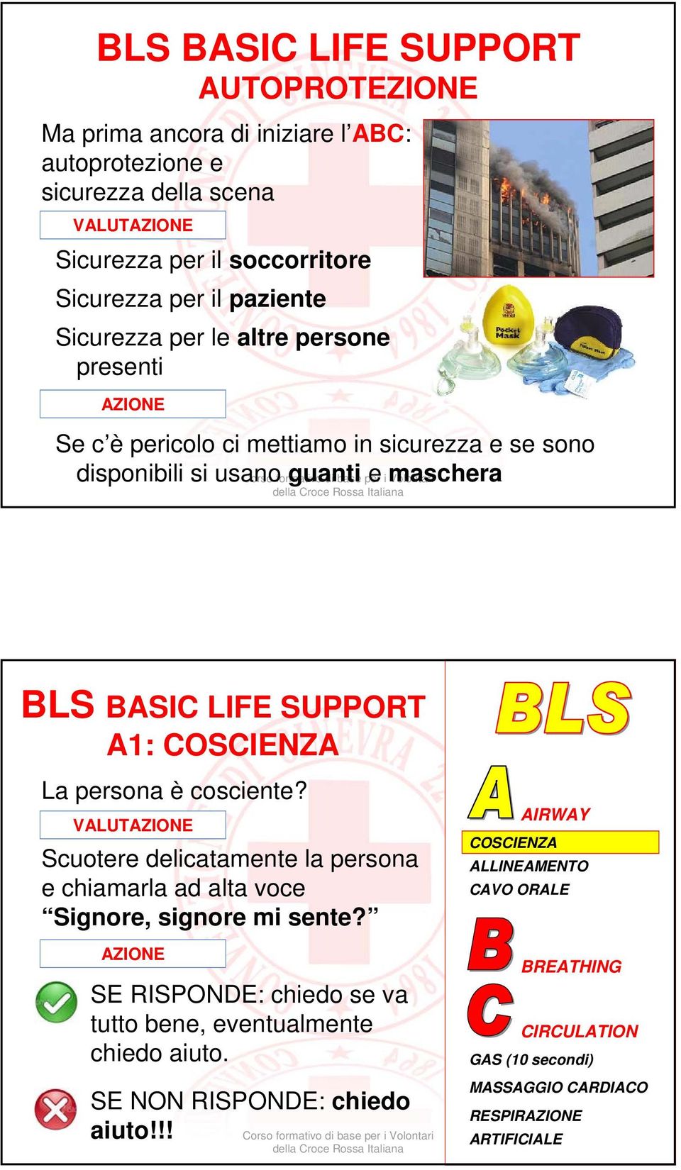 disponibili si usano guanti e maschera BLS BASIC LIFE SUPPORT A1: La persona è cosciente?