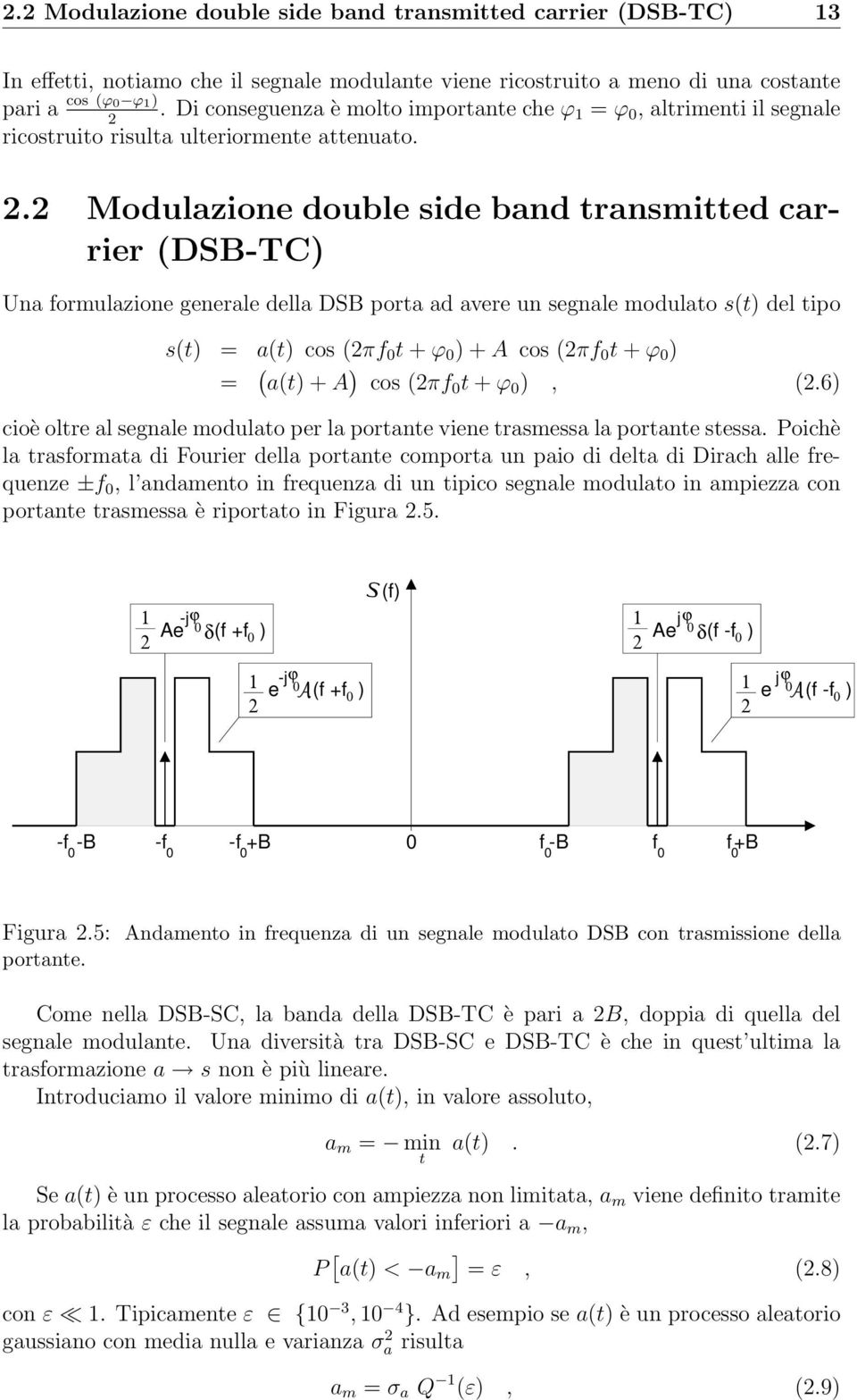 . Modulazione double side band transmitted carrier (DSB-TC) Una formulazione generale della DSB porta ad avere un segnale modulato s(t) del tipo s(t) = a(t) cos (πf t + ϕ ) + A cos (πf t + ϕ ) = (