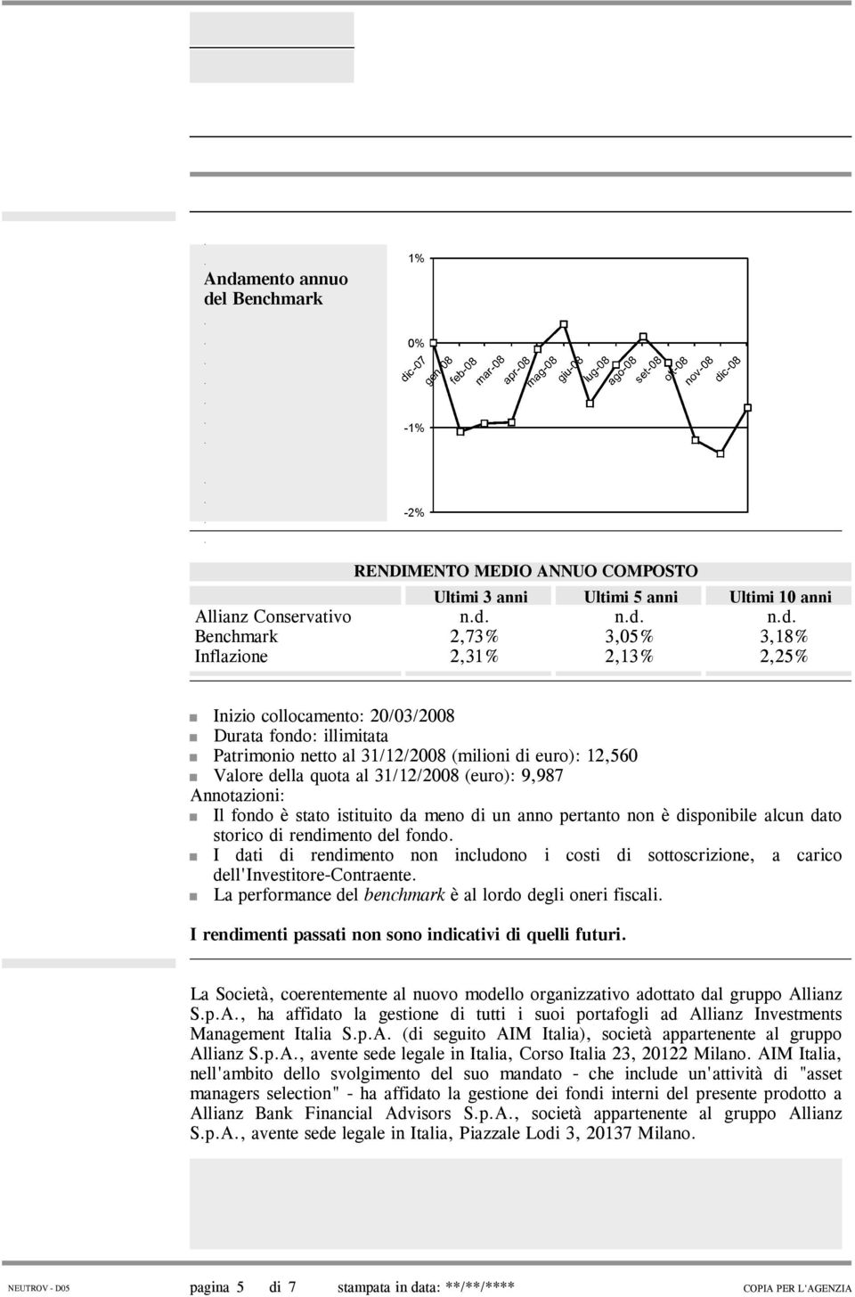 non includono i costi di sottoscrizione, a carico dell'investitore-contraente La performance del benchmark è al lordo degli oneri fiscali I rendimenti passati non sono indicativi di quelli futuri La