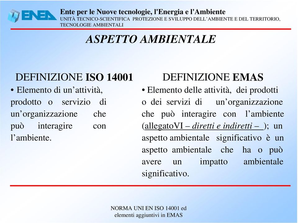 DEFINIZIONE EMAS Elemento delle attività, dei prodotti o dei servizi di un organizzazione che può