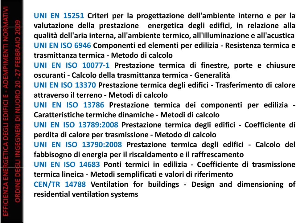 porte e chiusure oscuranti Calcolo della trasmittanza termica Generalità UNI EN ISO 13370 Prestazione termica degli edifici Trasferimento di calore attraverso il terreno Metodi di calcolo UNI EN ISO