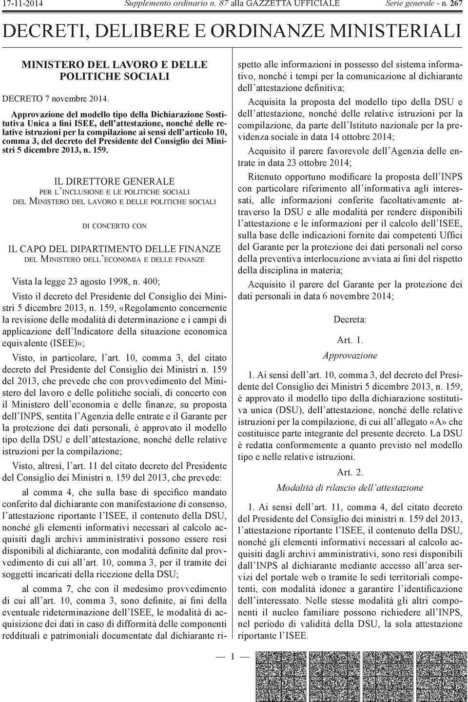 decreto del Presidente del Consiglio dei Ministri 5 dicembre 2013, n. 159.