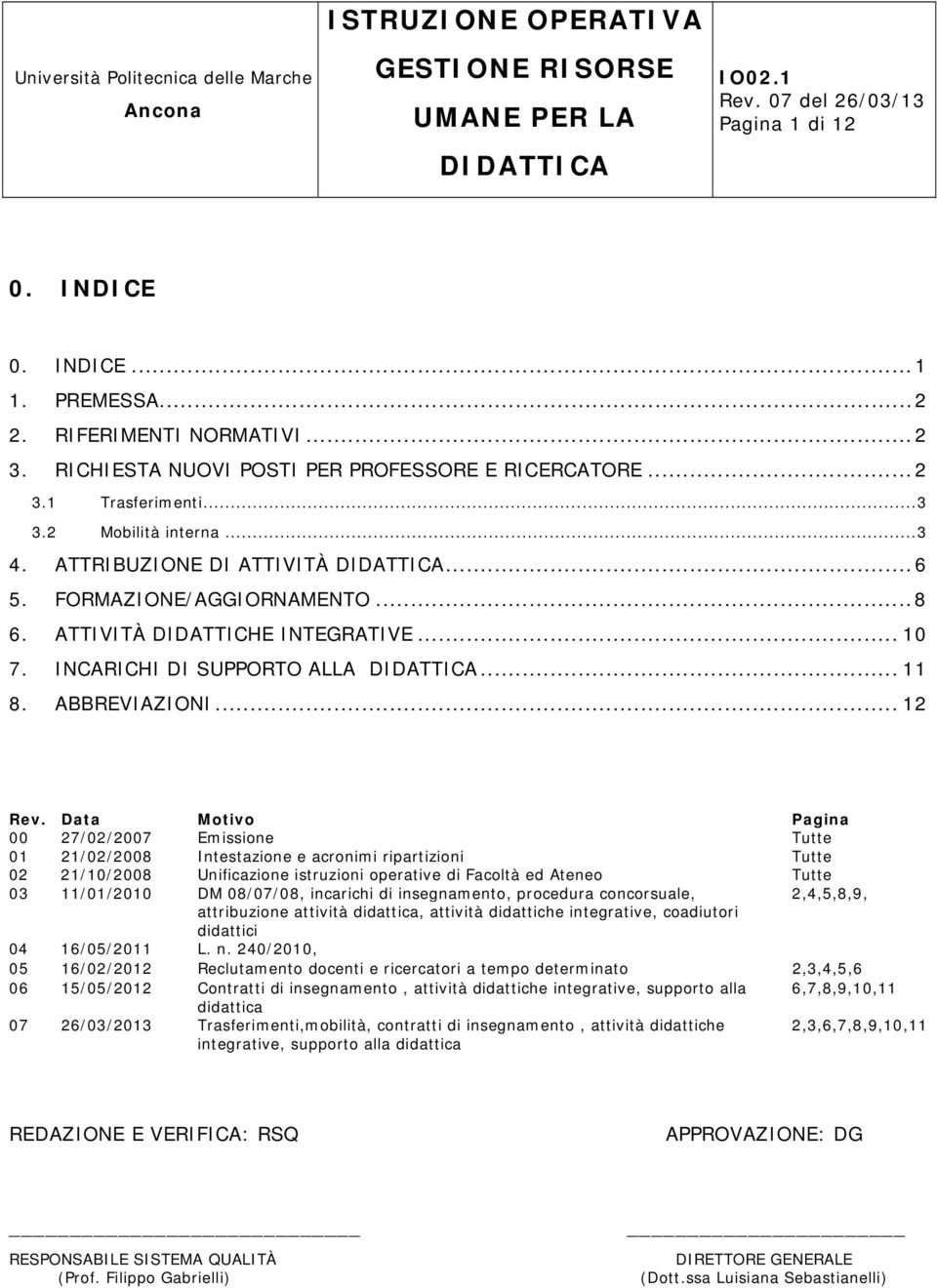 Data Motivo Pagina 00 27/02/2007 Emissione Tutte 01 21/02/2008 Intestazione e acronimi ripartizioni Tutte 02 21/10/2008 Unificazione istruzioni operative di Facoltà ed Ateneo Tutte 03 11/01/2010 DM