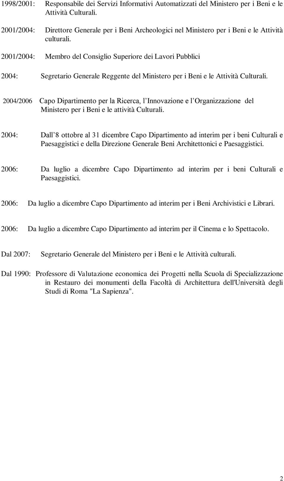 2001/2004: Membro del Consiglio Superiore dei Lavori Pubblici 2004: Segretario Generale Reggente del Ministero per i Beni e le Attività Culturali.